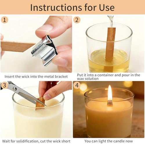 140 Pcs Wooden Candle Wicks Kit, Includes 50 Wood Wicks (5.1 x 0.5in), 50 Iron Stands and 50 Wick Stickers, Naturally Smokeless Candle Cores for DIY Candle Making