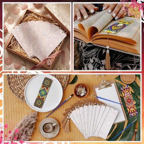 Kosiz 12 Pcs Mandala Paint by Number Kit for Adult Wood Bookmark | Mini Flower Paint by Numbers Kit, Painting Decor, Floral Tassels Blank Bookmarks, for Small DIY Craft Book Lovers Gift 7x2 ''