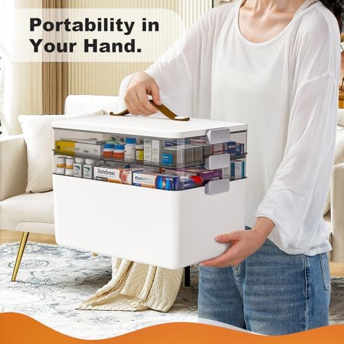 MOPUP 3-Tier Medicine Craft,Sewing,Art,Organizer Storage,Portable Latch Bin with Lid and Leather Handle,Pill Bottle, First Aid, A Household Essential