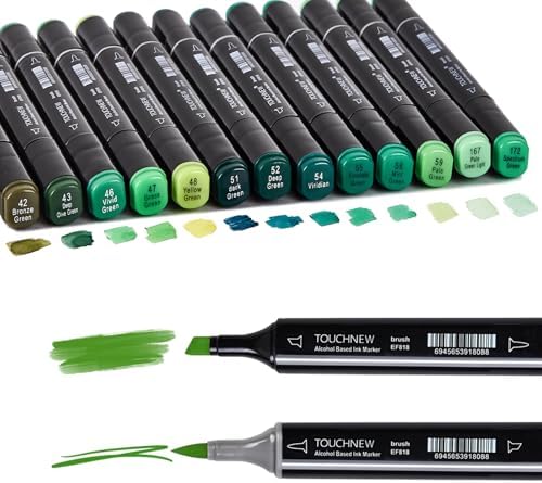 13Pcs Alcohol Markers Pure Color Series,Black Pen Barrel Dual Tip Soft Art Solid Color Markers Set for Adults Beginner Drawing Sketching (Green)