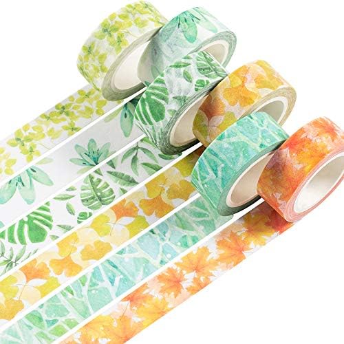 YUBBAEX Lush Plants Washi Tape Set 6 Rolls Floral Masking Decorative Tapes 15mm Wide (Feeling of Leaves)