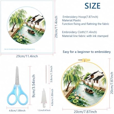 Zhenqing Landscape Embroidery Kit Set for Beginners, 4 Pack Garden & Cottage Needlework Craft Collection with Pre-Printed Cotton Fabric, Hoop, Threads & Tools(JC0285)