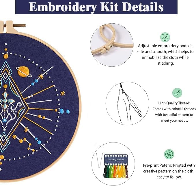 GLTAYLMY 3 Set Tarot Embroidery Starter kit with Patterns and Instructions, DIY Adult Beginner Cross Stitch Kits, Including 1 Plastic Embroidery Rings,Colored Threads and Needles