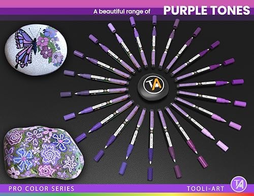 Acrylic Paint Pens 22 Purple Tones Assorted Pro Color Series Markers Set 0.7mm Extra Fine Tip for Rock Painting, Glass, Mugs, Wood, Metal, Canvas, Projects, Non Toxic, Waterbased, Quick Drying