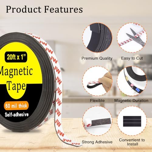 Magnetic Tape with Adhesive Backing, 20 Feet x 1 Inch, Flexible