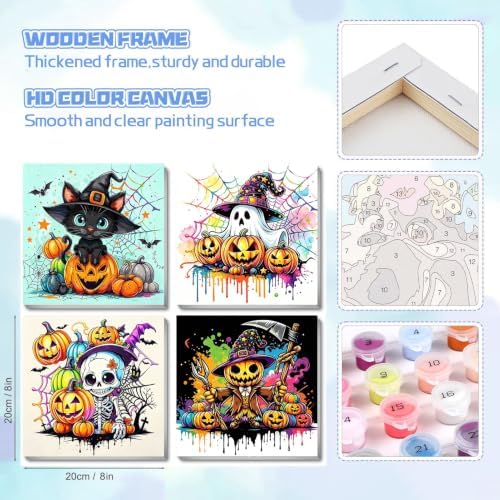 bleihum 4 Pack Halloween Paint by Numbers Kit for Kids with Frame Easel | Ghost Paint by Number Kids Ages 8 12, Easy Black Cat Acrylic Painting for Boys Girls Home Decor 8x8 Inch