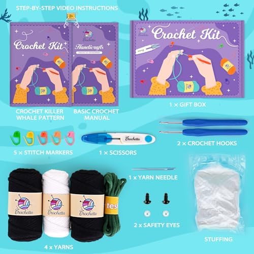 Crochetta Crochet Kit for Beginners, Crochet Starter Kit w Step-by-Step Video Tutorials, Beginner Crochet Kit for Adults Kids Women Men Complete Kit Included (Killer Whale)