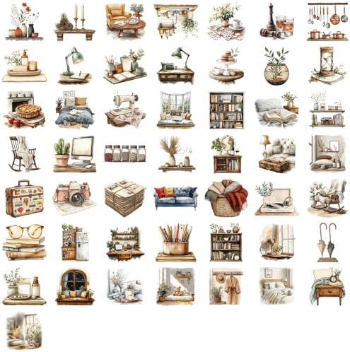 50Pcs Vintage Stickers,Waterproof Transparent PET Aesthetic Decorative Sticker Scrapbooking Supplies for Adult Card Making Letters Planner Journaling Junk Journal Water Bottles Art Craft,Retro Scene