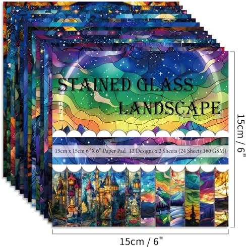 6x6" Cardstock Single Sided Scrapbooking,Craft Decorative Scrap Book Paper | 160gsm,24-Sheet 12Patterns Colored Paper,Junk Journal Supplies,Vivid Origami Papers DIY Craft Gift Wrapping Album.StainedGlas