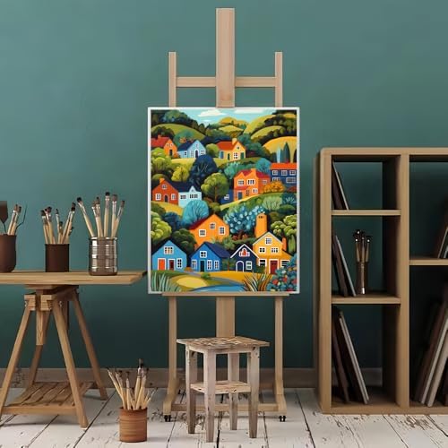 Natuyalo Mountain Paint by Number Kits for Adults - Town Landscape Paint by Numbers for Beginner, House Trees Acrylic Painting by Numbers for Home Wall Decor Gift (16x20 inch)