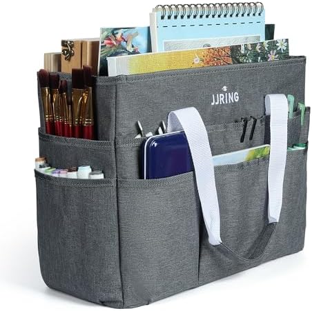 JJRING Craft Organizer Tote Bag Large Art Storage Caddy Grey | With Multiple Pockets For Sewing, Scrapbooking, School, Medical, And Office Supplies