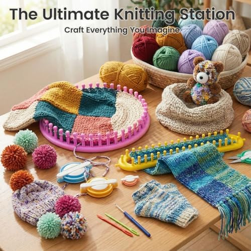 VGOODALL Round Knitting Looms Set, Set of 18PCS Supplies with Hook Needle, Pompom Maker and Yarn, for Knitting Beginners