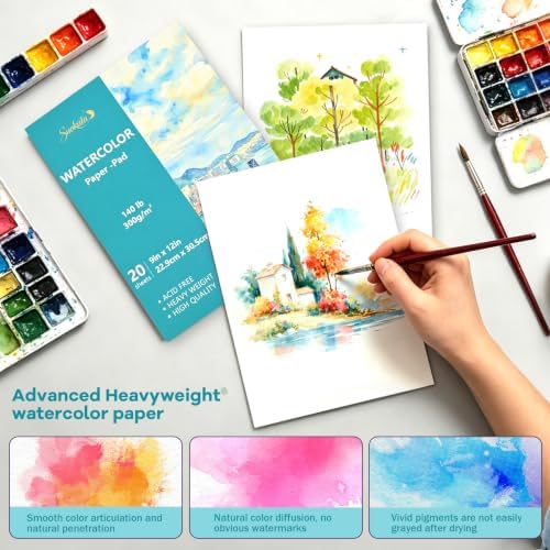 Suokata Watercolor Paper Book, 9"x12", 300 GSM Cold Press Texture Paper Pad