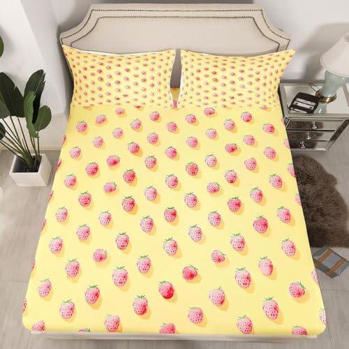 Cute Strawberry Pattern Bed Sheet Set Full Size Pink Cute Fruit Theme Mattress Cover Rustic Warm Style Sheets for Boys Girls Bedroom Yellow with Flat,Fitted Sheet Pillowcase 4Pcs