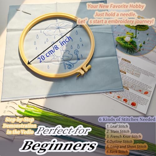 FONNUY Embroidery Kit for Beginners - Frog Under Lotus Leaf DIY Cross Stitch Set, Pre-Printed Fabric with 8’’ Hoop, Cute Rainy Day Art Craft for Adults, Home Decor & Handmade Gift (Green 01)