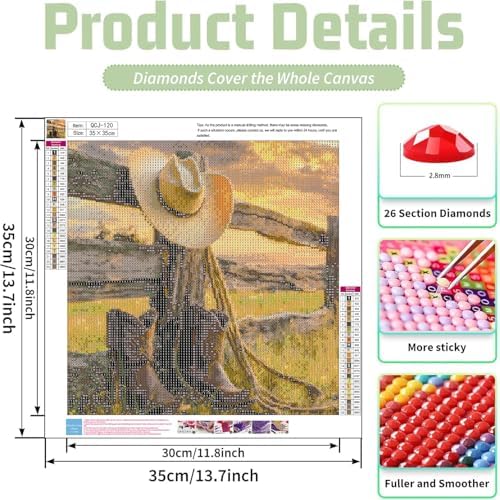 Accompany Wind Western Cowboy Diamond Art Kits for Adults,5D Cowboy Boots Diamond Painting Kits for Beginners,DIY Round Full Drill Diamonds Gem Art Crafts for Home Wall Decor Gifts 14x14 Inch