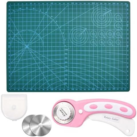 SPEEDWOX Rotary Cutter and Mat Set, 9x12 Inch Self-Healing Cutting Mat 45mm Pink Fabric Cutter Wheel Set with 2 Pcs Blades Rotary Cutting Pad with Blade Storage Case for Crafts Fabric Quilting Hobby