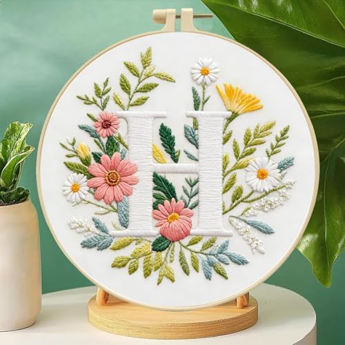 Zhenqing Letter H Embroidery Kit for Beginners, Pre-Printed 29x29cm Cotton Fabric with 20cm Hoop, Elegant Floral Monogram Design (C0091)