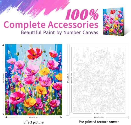 Yunnuo Paint by Numbers Kit for Adults Beginner, Flower Adults' Paint-by-Number Kits on Canvas,DIY Acrylic Pigment Poppy Flowers,Perfect for Home Wall Decor and Gifts(20x16 Inch)