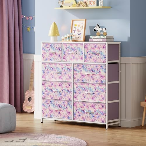 WLIVE Tall Dresser for Bedroom, 9 Drawer Chest of Drawers, Tie-Dye | 9 roomy fabric drawers, Tall storage design, Bedroom or closet use, Sturdy steel frame, Smooth wood tabletop