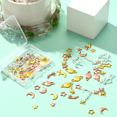 Hicarer 82 Pcs Cosmos Themed Resin Fillers Alloy Epoxy Star Moon Planet Resin Charms for Craft Jewelry Making Filling Accessories, Gold, Silver, Rose Gold