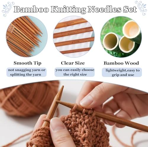 Hobekoee Bamboo Knitting Needles Set,36Pcs 9.8" Straight Single Pointed Bamboo Knitting Needles Set and 8Pcs 32" Circular Knitting Needles Kit with Storage Bag for Beginners Knitting Lovers