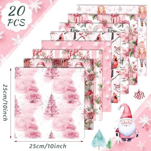 Hunnmingre 20 Pcs 10x10'' Pink Christmas Winter Quilting Fabric Square