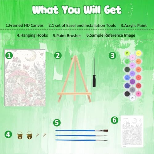 MAXBYE Mushroon Paint by Numbers Kit for Adults with Frame and Wooden Easel, Easy Moon Painting Numbers Art Kits on Canvas, DIY Forest Acrylic Painting Kit for Gift Home Wall Garden Decor 10×14 in