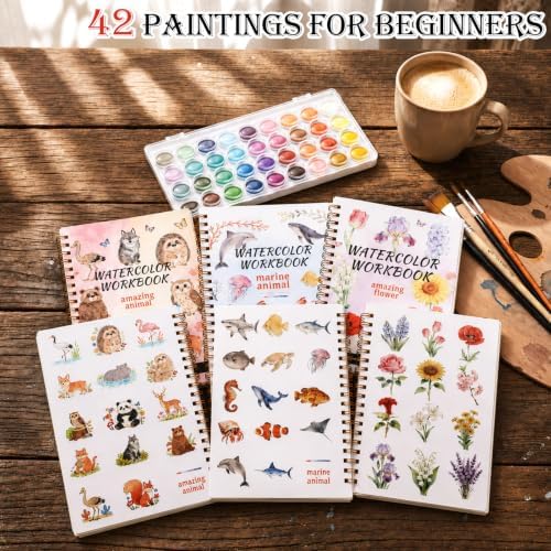 Landhoow 3 Pcs Watercolor Workbooks for Beginner with 36color Paint Brush