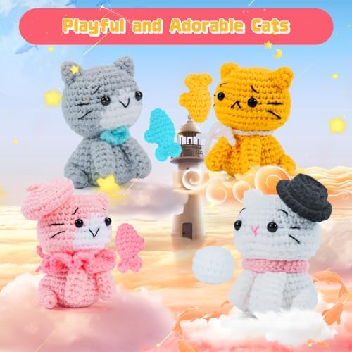 Fortuning's JDS Crochet Kit for Beginners - Cat Crochet Kit with Step-by-Step Video Tutorials, Learn to Crochet Kits for Adults, 4 PCS Crochet Animals Cat with Hat, Toy, Fish Crocheting Set