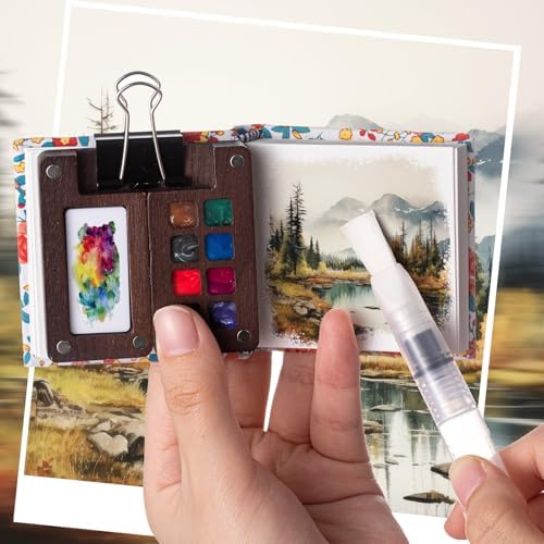Qilery Mini Portable Watercolor Palette Set Wooden Grid Paint Box Watercolor Paper Sketch Book Brush Pens with Binder Clip for Painters Artist Not Include Paint(Red Flowers)