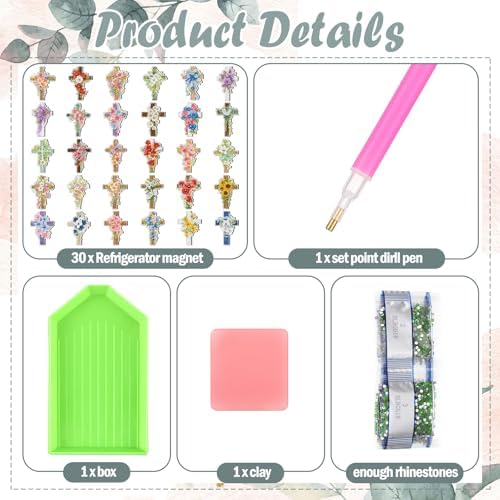 Motipuns 30 Pcs Diamond Magnets,Flower Cross,Wood