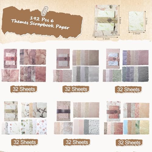 BESARME 192 Pcs Vintage Scrapbook Paper Set, 6 Themes For Journaling