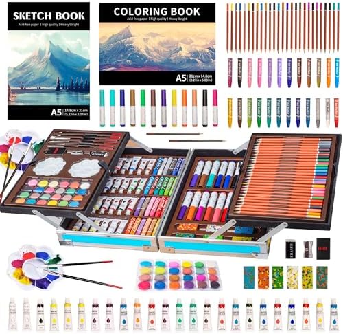 KINSPORY Deluxe Art Supplies Kit for Kids, Boys, Girls, Teens, Ages 5-12, with Sketch Pad, Watercolors, Crayons, Pencils, Markers, Oil Pastels, Palettes, Brushes, Erasers - Blue | Art Supplies Case with 1 Sketchbook & 1 Coloring Book, Art Box for Begin...