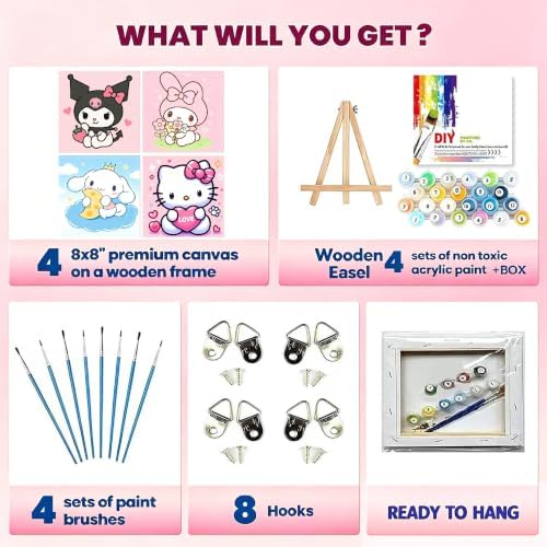 LWZAYS 4 Pack Cartoon Paint by Number for Kids with Wooden Frame-Paint by Numbers for Kids Ages 4-8-12, DIY Paints with Numbers Easy Acrylic Oil Painting Kits for Home Wall Decor (8X8inch) 4.0