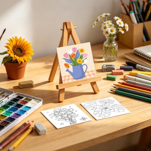 12 Packs Floral Pre Drawn Canvas to Paint, Flower Pre Printed Canvas for Painting, Pre Stretched Canvas Outline Painting Boards for Beginners, Students, Party Favors(4 * 4in)