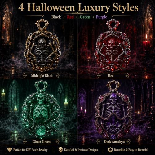 4-Cavity Ornate Skeleton Cameo Pendant Resin Silicone Mold with Hanging Hole, Gothic Skull Epoxy Resin Casting Mould, DIY Necklace Charm Mold for Halloween Christmas Handmade Jewelry Craft (KL04)