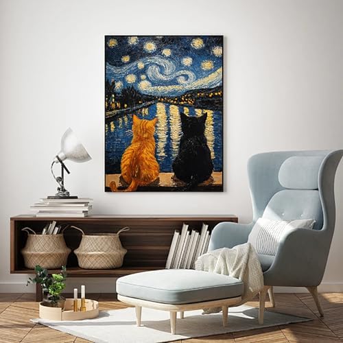 RYMILIE Cat Diamond Art Kits for Adults Diamond Painting Kit 12x16in | 5D Starry Night Diamond Art Painting Kit for Beginners, DIY Full Round Drill Cat Gem Art Crafts for Home Wall Decor Gift