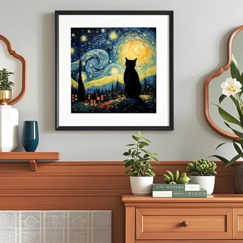 VeGuude Cat Diamond Art Kits for Adults-Starry Night Diamond Painting Kits for Adults Beginners, 5D DIY Full Drill Diamond Painting Cat Gem Art and Crafts Home Wall Decoration 14x14inch