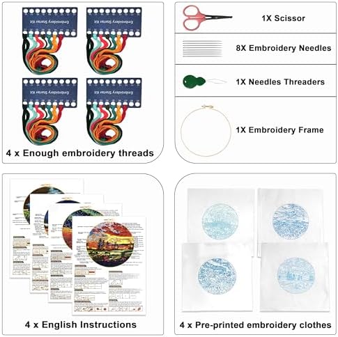 Maydear 4 Pack Embroidery Starter Kit with Pattern, Stamped Cross Stitch Kits for Beginners Adults with Embroidery Hoop and Instructions, Hand Embroidery Kit (Embroidery kit flower2)