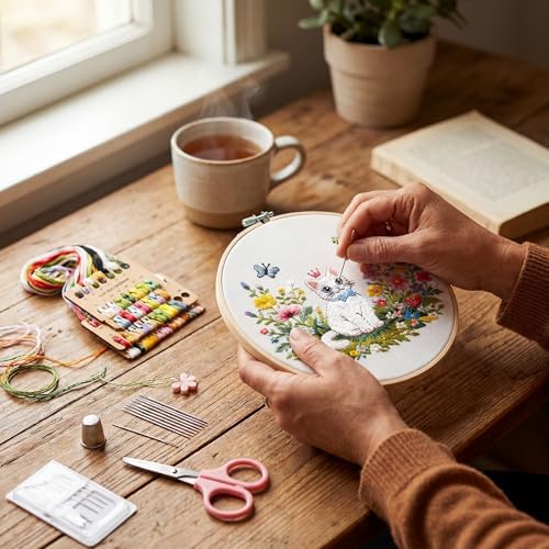 Peonfly Cat Embroidery Kit for Beginners, 4 Pack Stamped Embroidery Starter Kit with 4 Hoops, 9 Stitch Types Practice Sampler, Animal Floral Wall Hanging Decor, Mothers Day Birthday Gift (Box 4pcs)