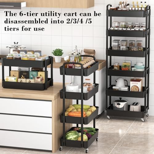 Sywhitta 6-Tier Plastic Rolling Utility Cart with Wheels for Storage,Black