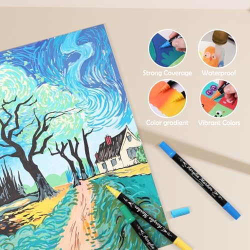 48 Colors Precision Dual Tip Acrylic Paint Markers Pens - Brush & Fine | Performs on Rock, Wood, Paper, Fabric, Egg, Scrapbook, Glass, Ceramic, Canvas, DIY Crafts Art Gift - School Supplies