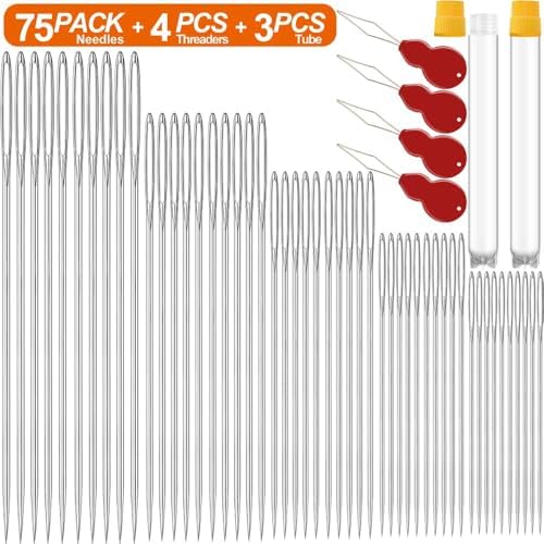 75 Pack Premium Large Eye Needles for Hand Sewing with 4 Needle Threaders, Assorted Sizes, Embroidery Needles for Hand Sewing, Sewing Needles Large Eye, Big Eye Needle