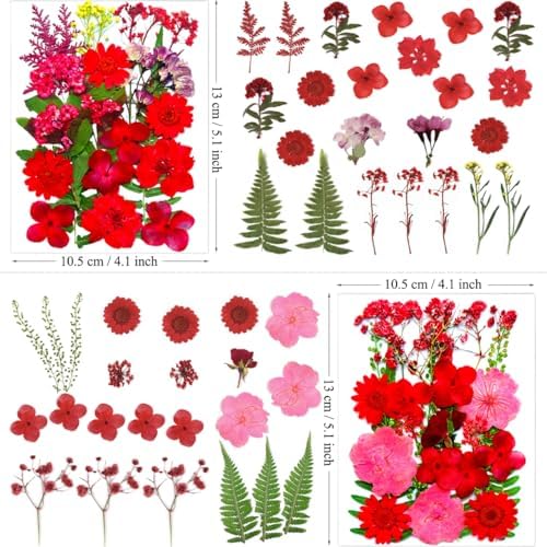 MIKIYA 88Pcs Red Dried Pressed Flowers for Resin Molds, Assorted Real Natural Bulk Dry Floral Leaves for DIY Art Crafts, Epoxy Jewelry, Candle, Soap Making, Nails Decors