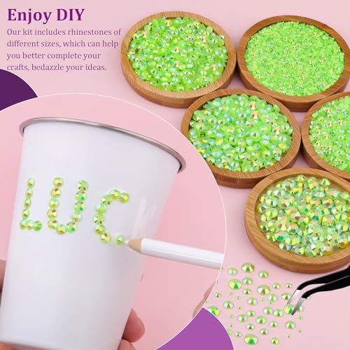 Resin Jelly Rhinestones for Crafting with B7000 Jewelry Glue, 2 Boxes Fluorescent Green AB Flatback Crystals with 2Pcs 10ml Glue, Bedazzling Non Hotfix Gems for DIY Tumblers Clothing Shoes Manicure