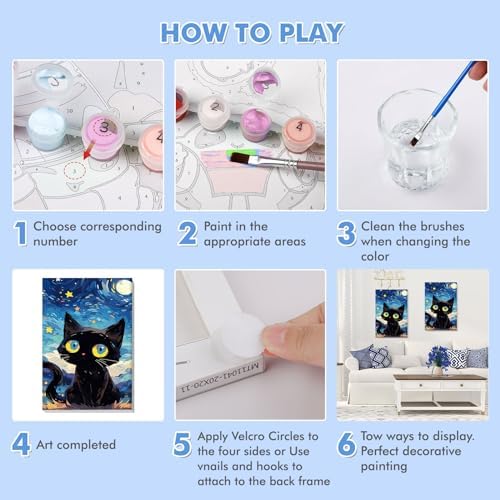Bowetile Starry Night Cat Paint by Numbers for Adults Beginners Framed, Easy Adults' Paint-by-Number Kits, Adult Paint by Number Kits on Canvas, Acrylic Number Painting for Home Decor, 8x12in
