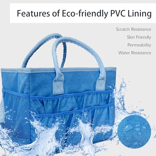 Cupohus Craft Organizer Tote Bag – Craft Caddy with 2 Mesh Side Pockets & Front Elastic Pockets, Foldable Large Capacity Supply Storage Bag for Sewing, Knitting, Painting, and Travel (Blue)