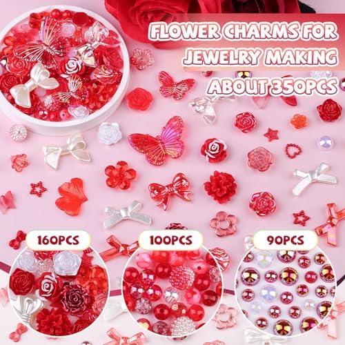 350 Pieces 3D Resin ABS Colorful Rose Flower Bows Butterfly Charms with Flatback Half Round Pearl Beads for Bracelet Earring Necklace Craft DIY Making Supplies