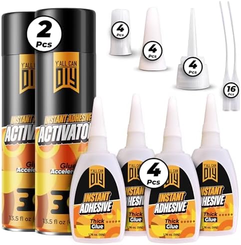 CA Glue with Activator (4 x 1.76 oz. + 2 x 13.5 fl oz.) - Industrial-Grade Cyanoacrylate Adhesive and Super Glue Accelerator for Woodworking, Crafts, DIY, and Repairs, Instant Glue Bond
